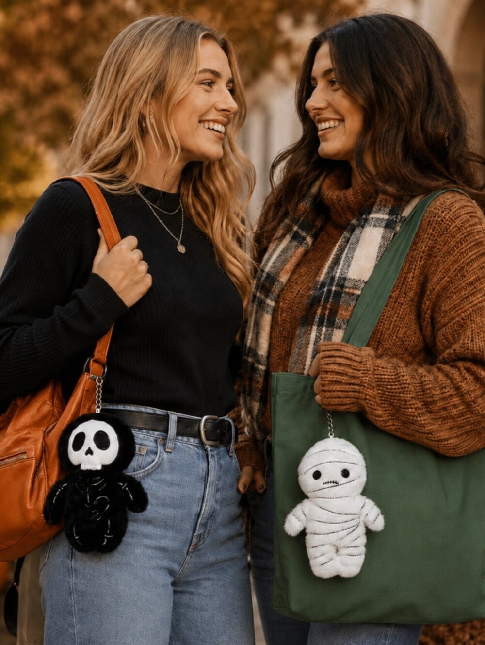 2pcs Halloween Plush Keychain Set - Skeleton & Mummy Soft Plush Keyrings